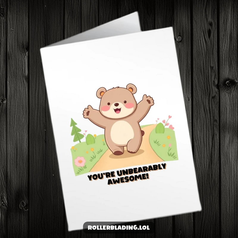 Funny Free Printable Congratulations Card: A joyful bear cruises along with arms spread wide, celebrating success.