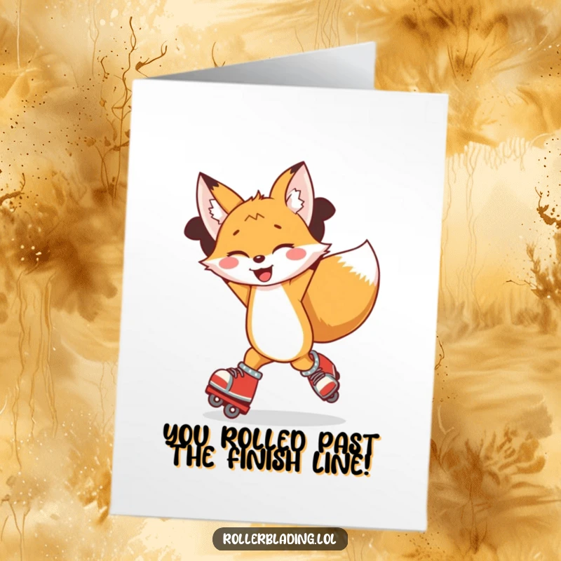 Funny Free Printable Congrats Card: Joyful fox mid-spin on rollerblades, arms raised in ecstatic celebration of success.