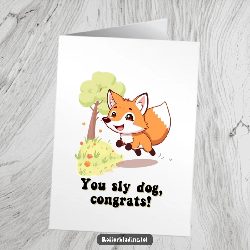 Funny free printable congratulations card featuring a gleeful fox with a huge grin, racing down a path victoriously.