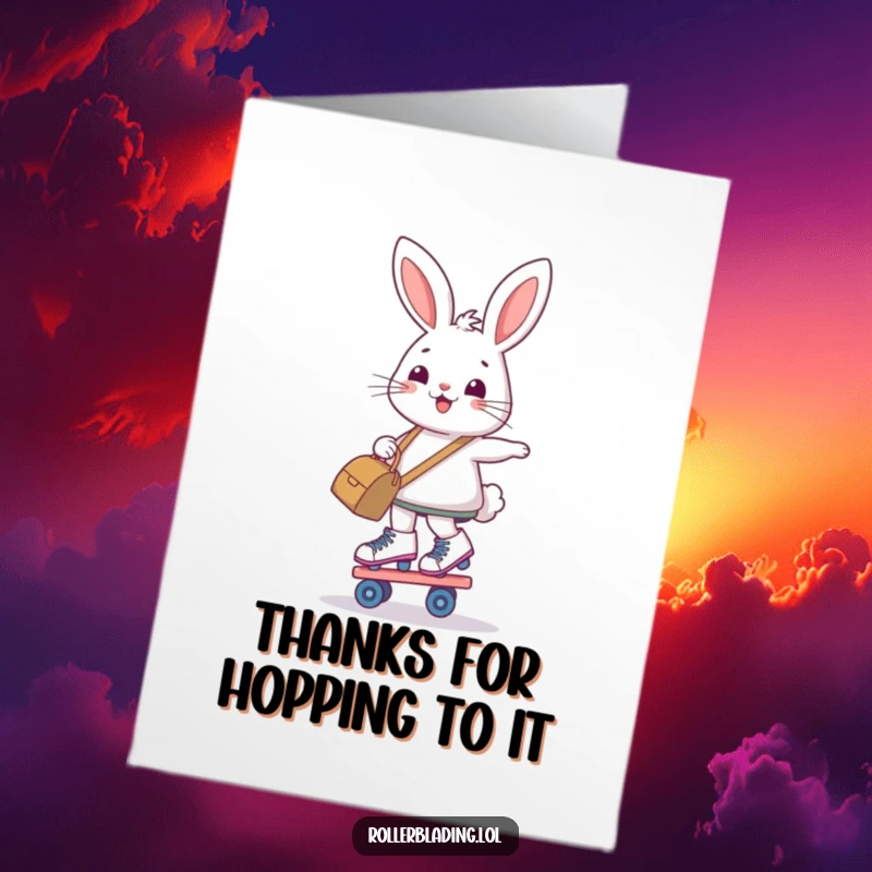 Funny Free Printable Thank You Card: A smiling bunny skillfully skates on roller skates holding a bag, sending thanks with personality.