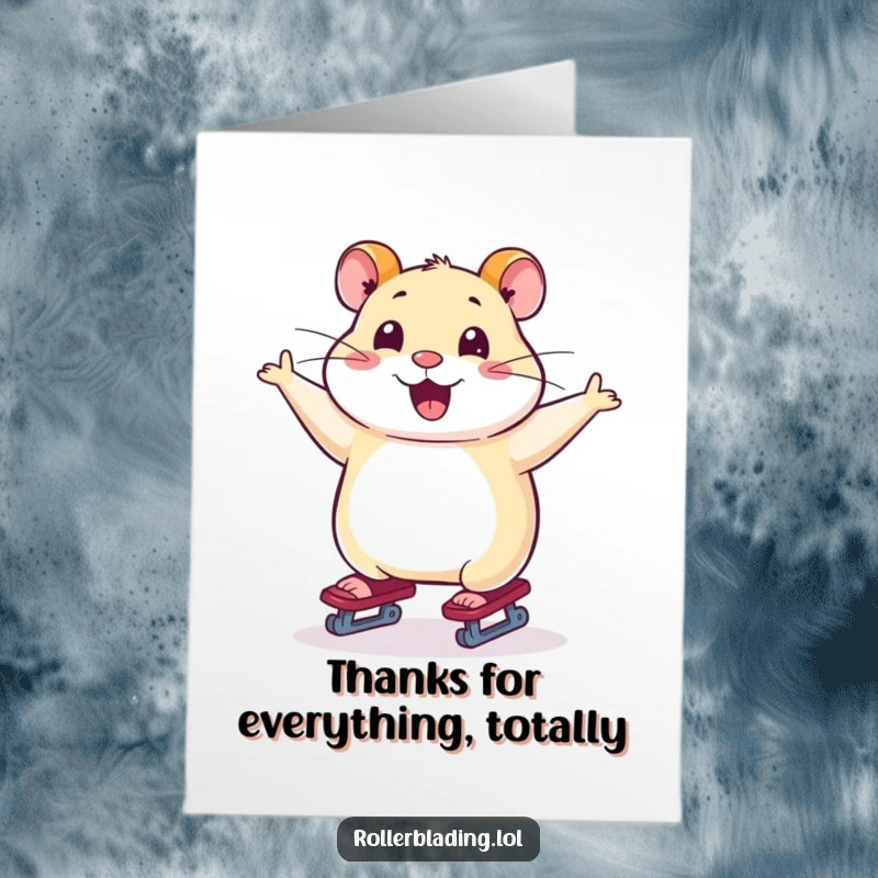 Funny Free Printable Thank You Card: A smiling hamster skates gracefully, presenting a small thank you gift.