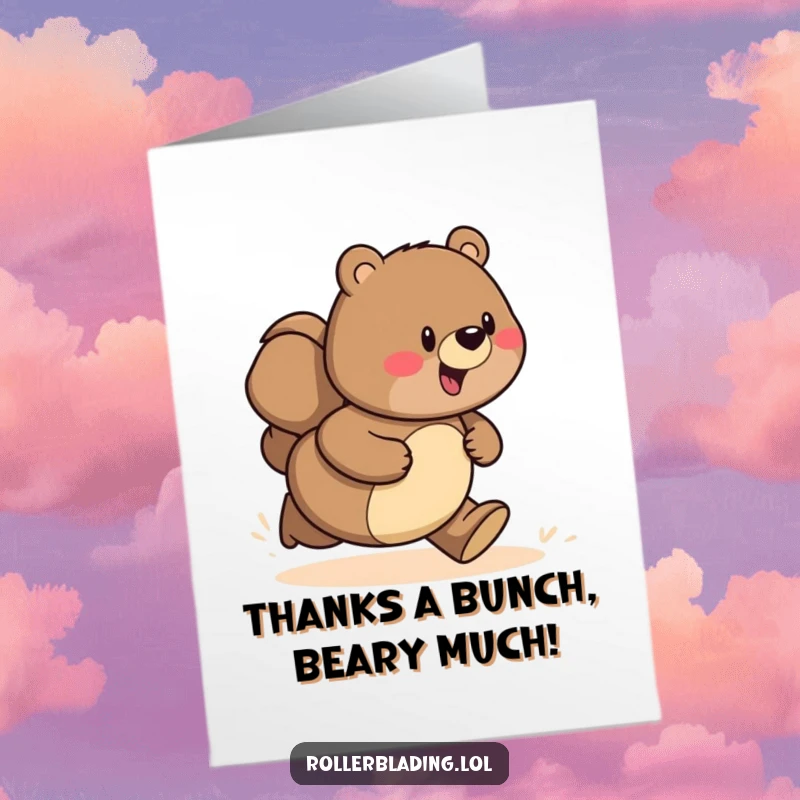 Funny Free Printable Thank You Card: A proud bear speeds along a path, carrying a thank you gift.