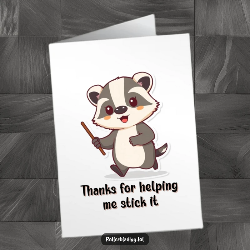 Funny free printable thank you card of a proud badger cruising along, expressing quirky gratitude.