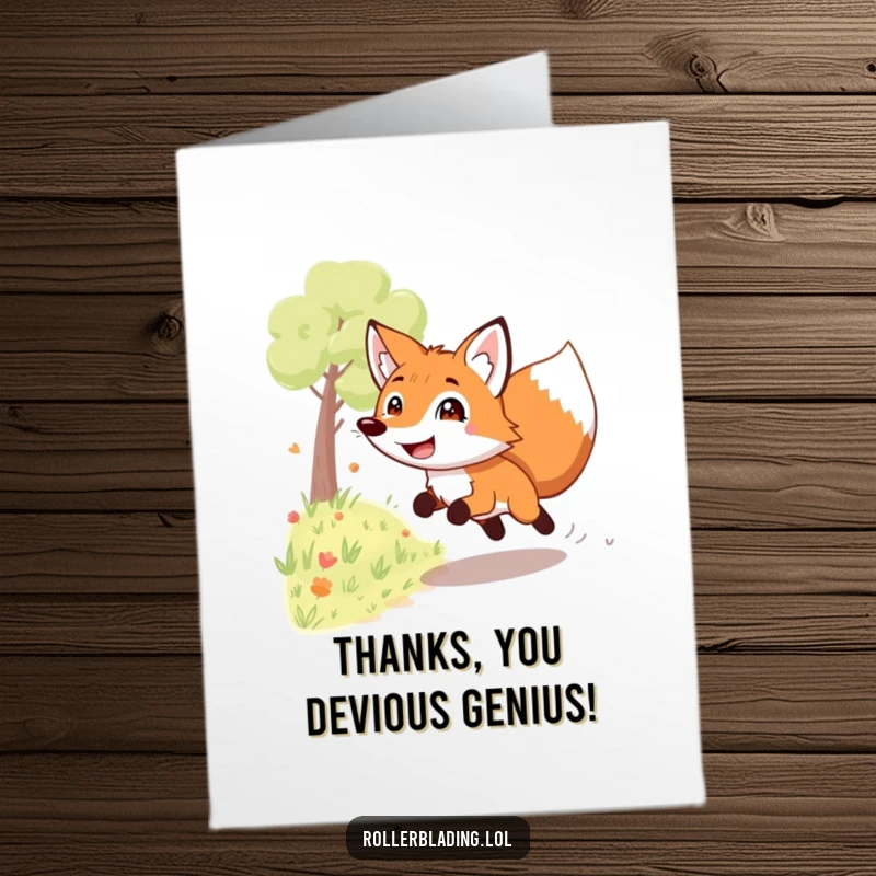 Funny free printable thank you card with a playful fox sporting a massive grin, speeding down a path with thanks.