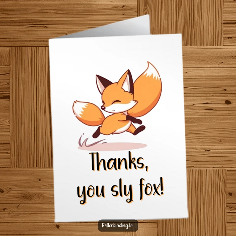 Funny Free Printable Thank You Card: Playful fox doing a speedy crossover turn on roller skates, expressing thanks quickly.