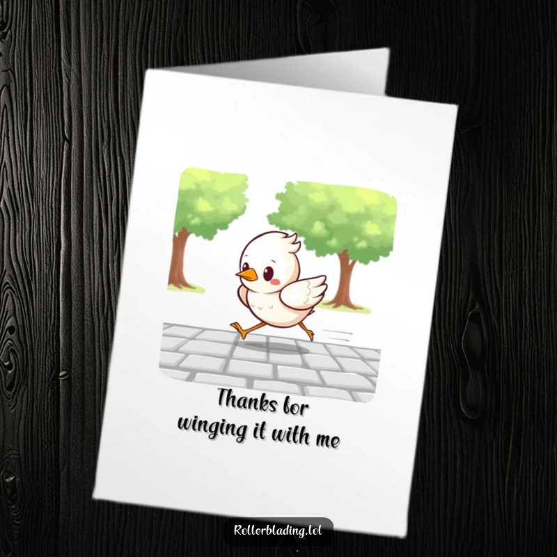 Funny Free Printable Thank You Card: A determined bird with a grateful expression, racing along a paved path.