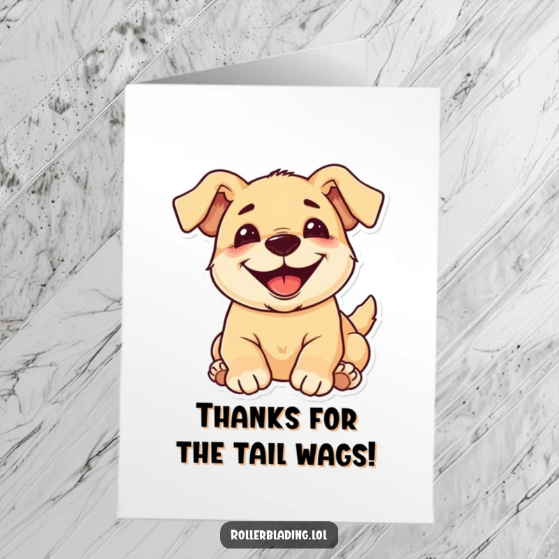 Funny Free Printable Thank You Card showing a happy puppy rolling playfully with a huge, infectious grin.