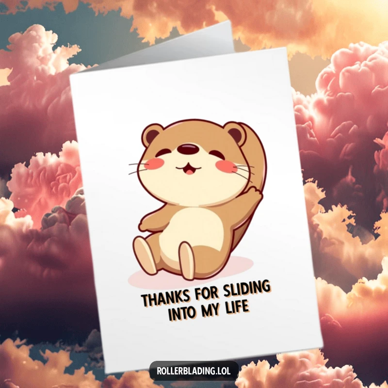 Funny Free Printable Thank You Card: A playful otter does an exaggerated slide, hands outstretched, conveying heartfelt thanks with a goofy grin.