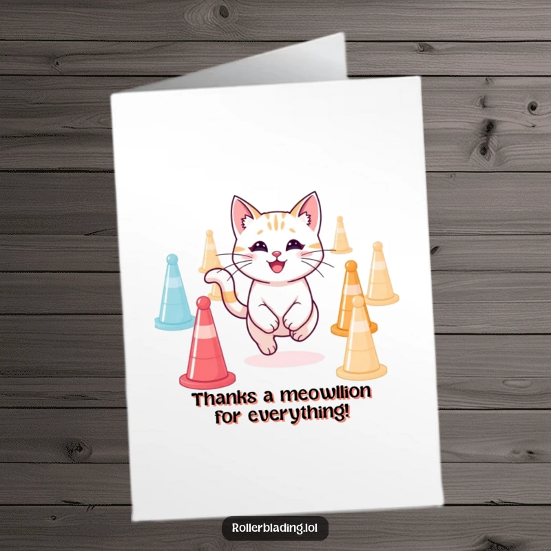 Funny Free Printable Thank You Card: A happy cat expertly weaves through agility cones, expressing gratitude playfully. Perfect for a unique thank you.