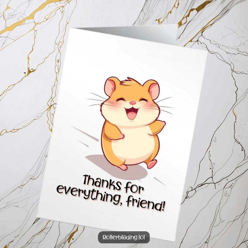 Funny Free Printable Thank You Card: Giggling hamster speeding downhill, expressing thanks with downloadable art.