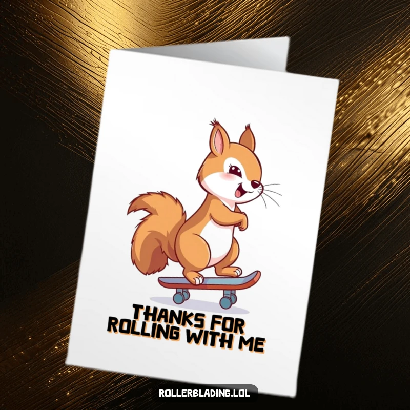 Funny Free Printable Thank You Card: A proud squirrel with a grateful expression, confidently skating backwards.