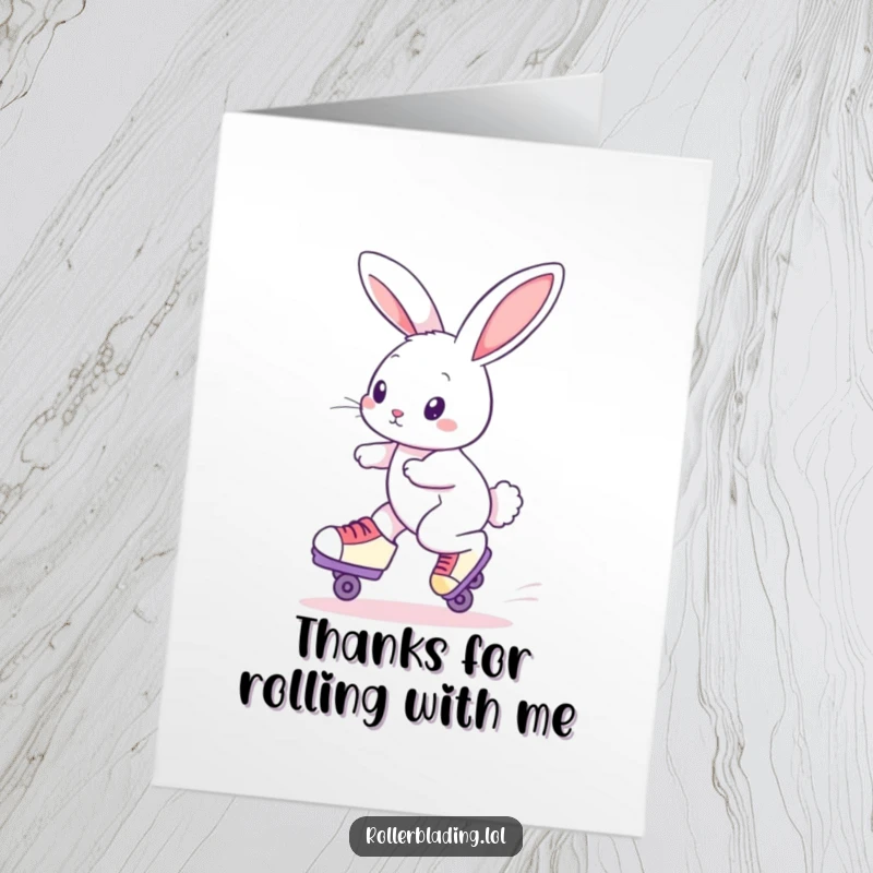Funny Free Printable Thank You Card: Cheerful rabbit roller skating, expressing thanks with style. A unique gesture.