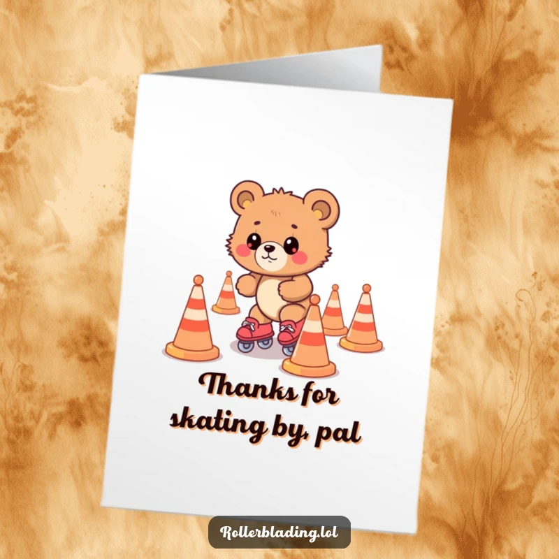 Funny Free Printable Thank You Card: Bear cub awkwardly skating past cones, conveying thanks with a grin.