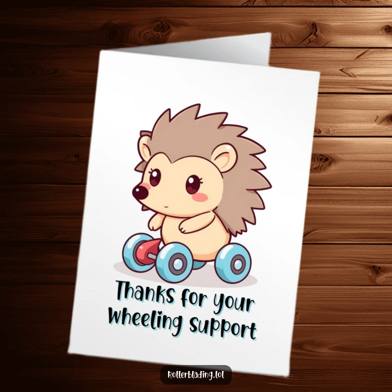 Funny Free Printable Thank You Card: A friendly hedgehog with a grateful look, smoothly gliding on roller skates.