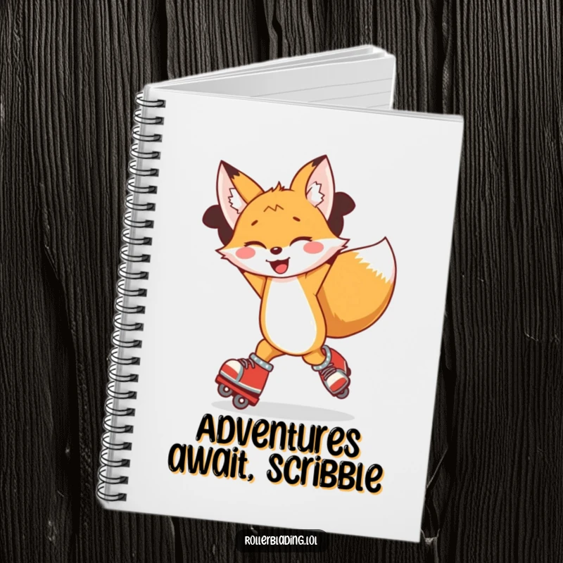 Funny notebook cover with a joyful fox spinning on roller blades, arms in the air, inspiring creative fun.
