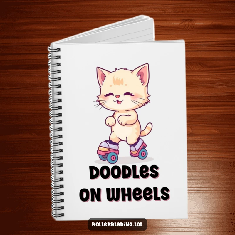 Funny Kitten Roller Skates Notebook with a kitten joyfully wobbling on roller skates, perfect for jotting down notes.