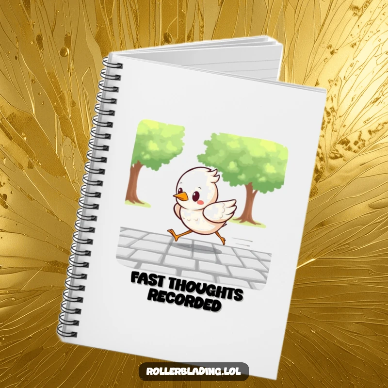 Funny notebook with a determined bird racing along a paved path, perfect for jotting down fast ideas, plans, and notes with speed.