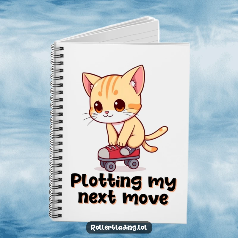 Funny notebook cover with a curious cat leaning forward, balancing on roller skates, encouraging thoughtful notes.