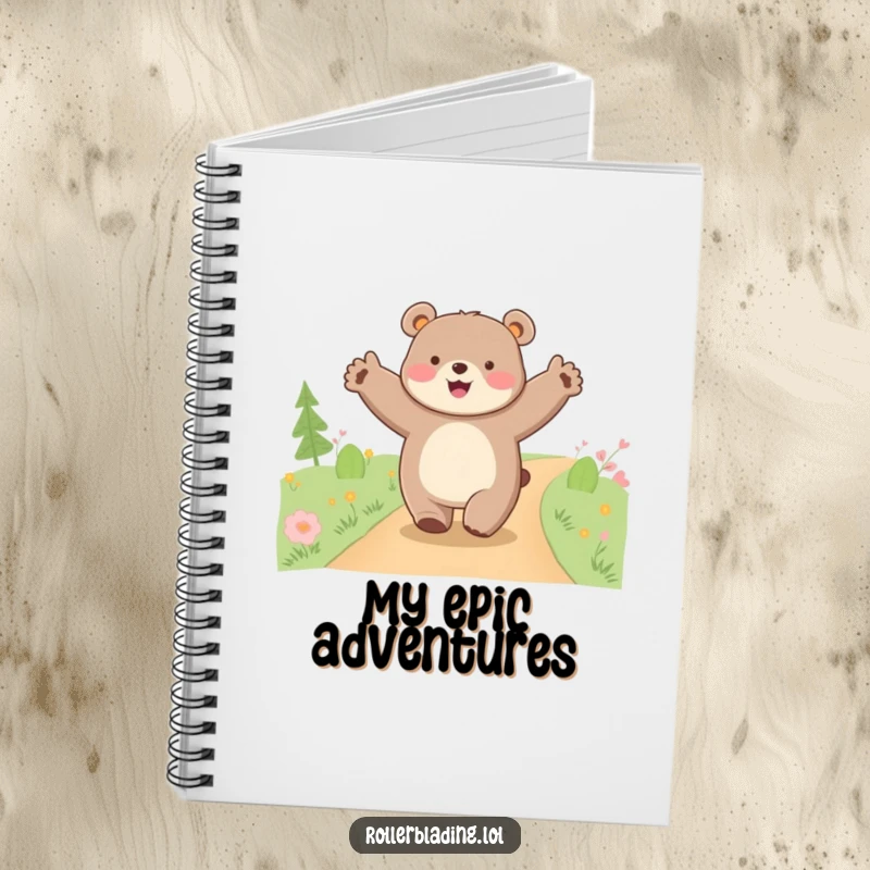 Funny happy bear notebook, cover art shows a bear cruising along a path with arms wide open, perfect for journaling adventures.