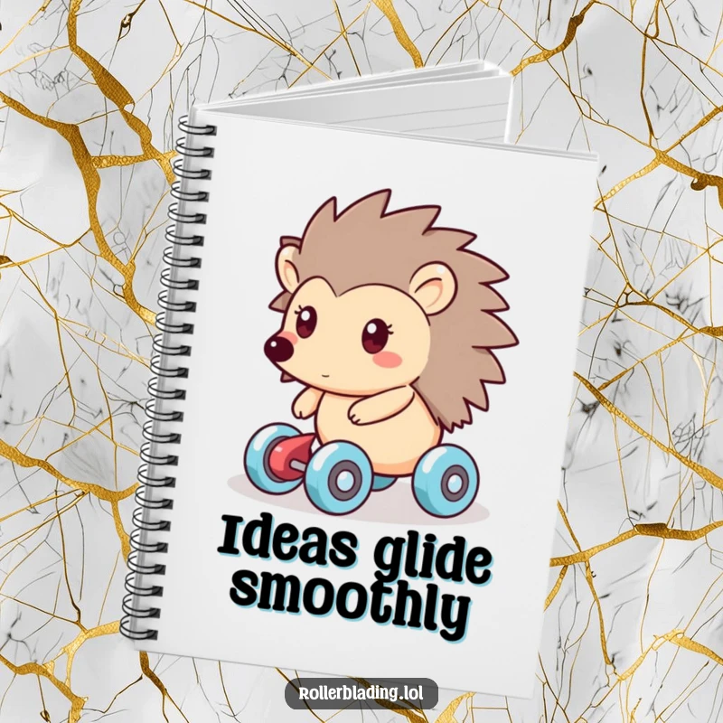 Funny notebook with a friendly hedgehog smoothly gliding on roller skates, perfect for jotting down calm ideas, plans, and notes with ease.