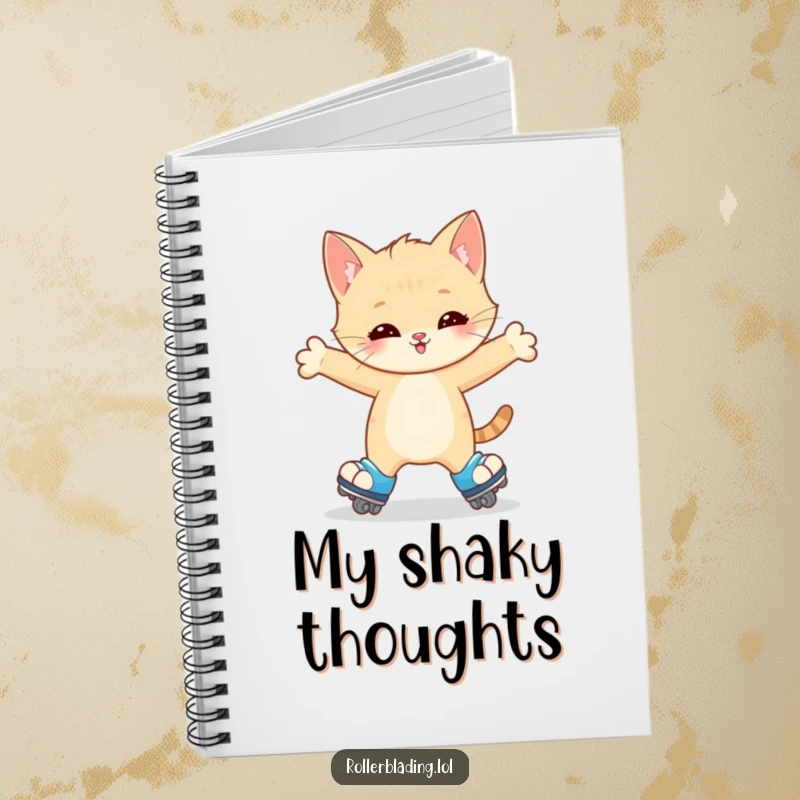 Funny Kitten Notebook: A happy kitten wobbles on roller skates, arms outstretched for balance, making note-taking a cute and charming experience.