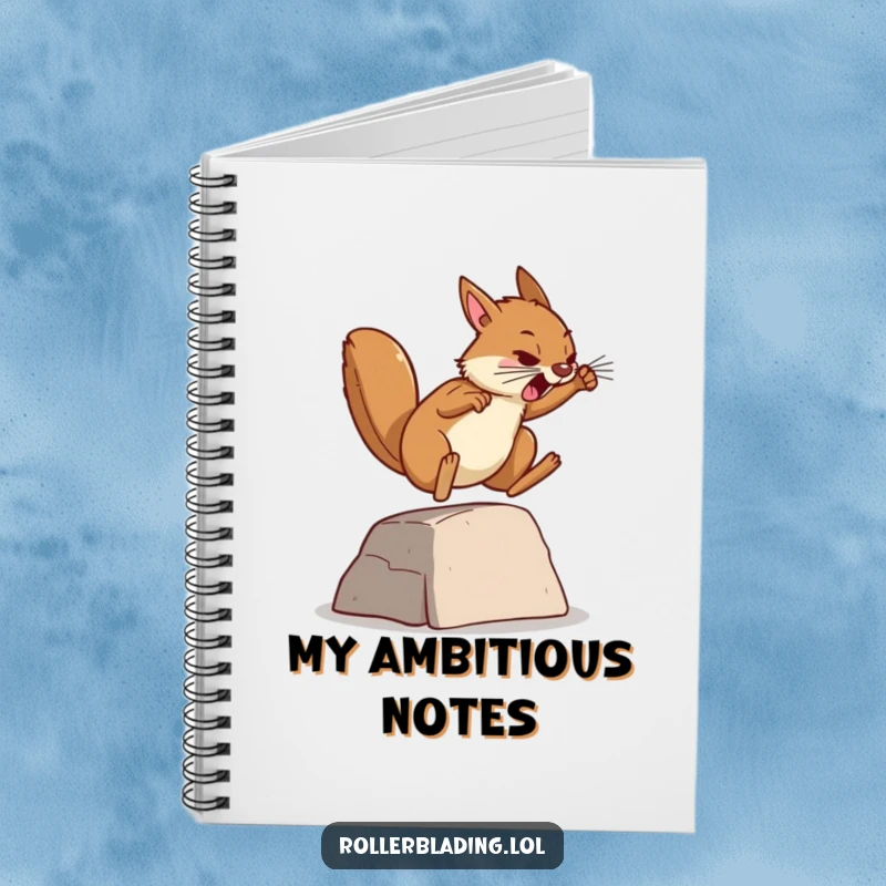 Funny notebook featuring a determined squirrel jumping over a ramp, perfect for jotting down goals, plans, and motivational thoughts.