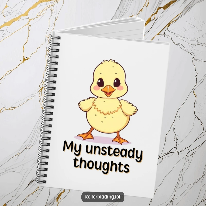 Funny notebook cover with a wobbly duckling taking unsteady steps, designed for capturing ideas with adorable humor.