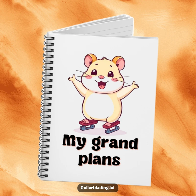 Funny notebook cover featuring a smiling hamster gracefully skating with arms outstretched, inspiring fluid thought.