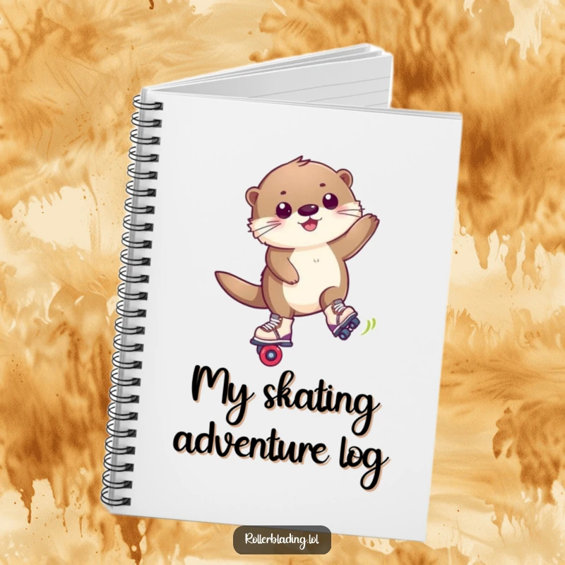 Funny notebook with a happy, fluffy otter executing a trick maneuver on roller blades, for note-taking.