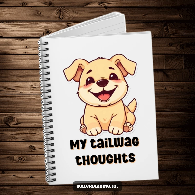Funny pup notebook with a happy dog rolling with a big grin, perfect for note-taking fun.