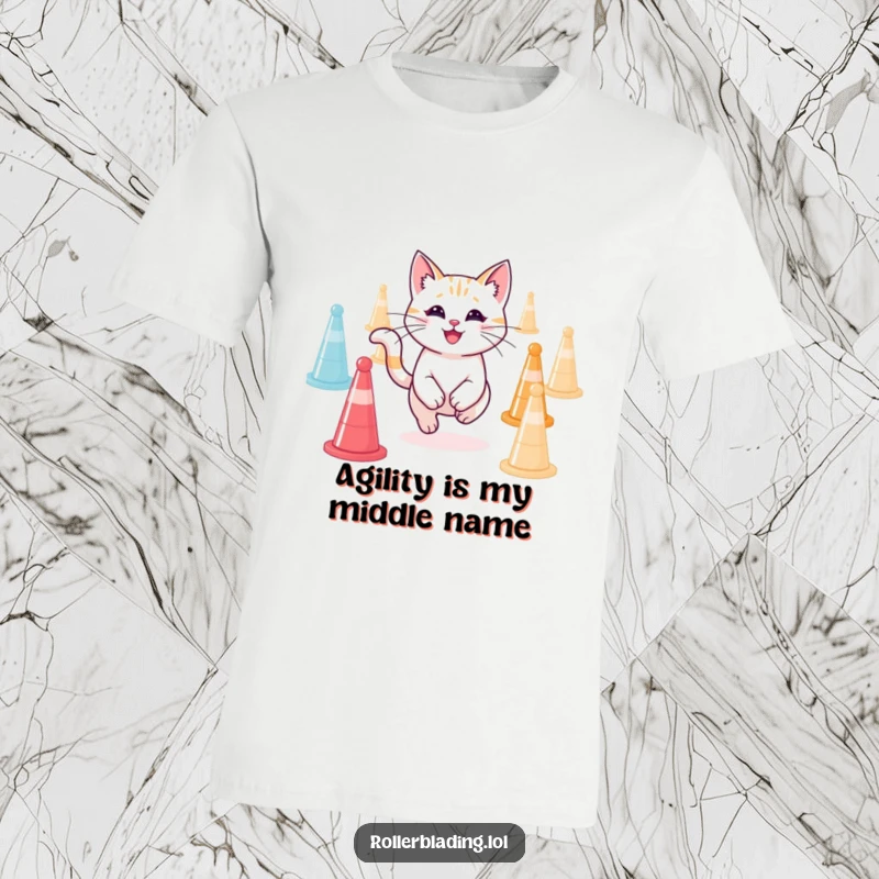 Funny smiling cat performing expertly in an agility course, its face beaming with accomplishment, a great funny gift.