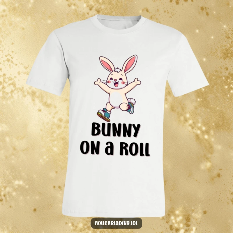Funny bunny t-shirt depicting a cheerful bunny mid-jump on roller skates, capturing a moment of pure, playful excitement.