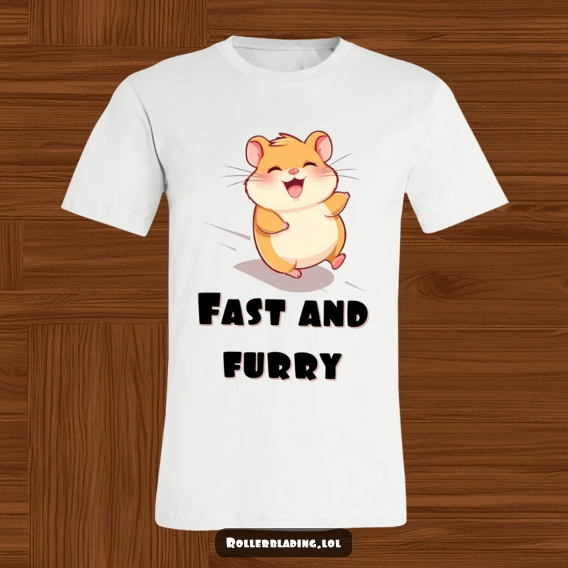 Funny giggling hamster t-shirt, showing a happy hamster speeding downhill with wind in its fur.