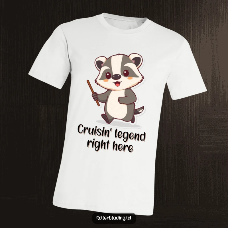 Funny t-shirt with a proud badger cruising confidently, holding a stick like a boss.