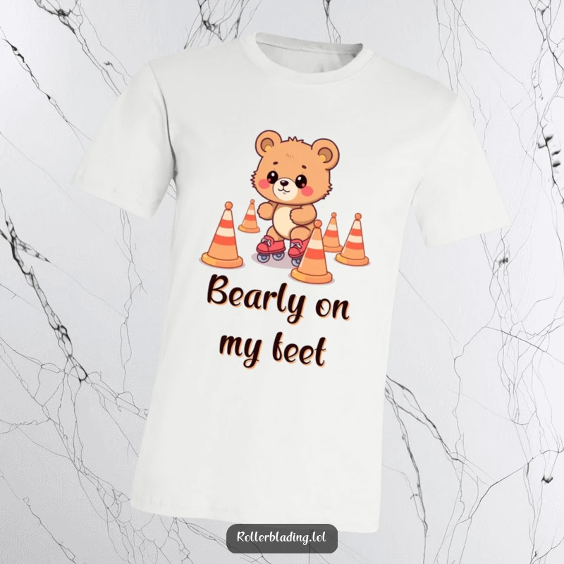 Funny bear cub attempting to roller skate through cones, a comical and relatable graphic tee for laughter lovers.