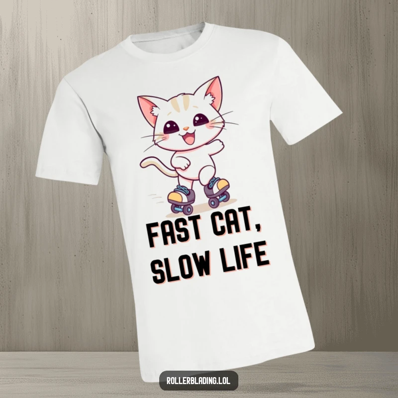 Funny t-shirt featuring a happy cat on roller skates, ears streaming behind in the wind as it zooms forward at high speed.