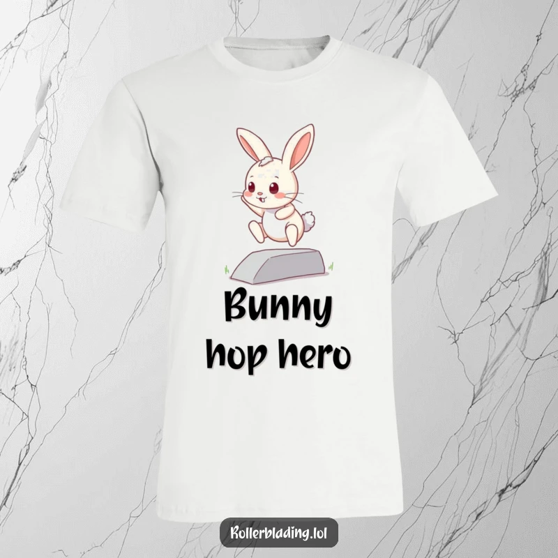 Funny curious bunny t-shirt: A determined bunny mid-jump off a curb, capturing a moment of bravery and the spirit of trying.
