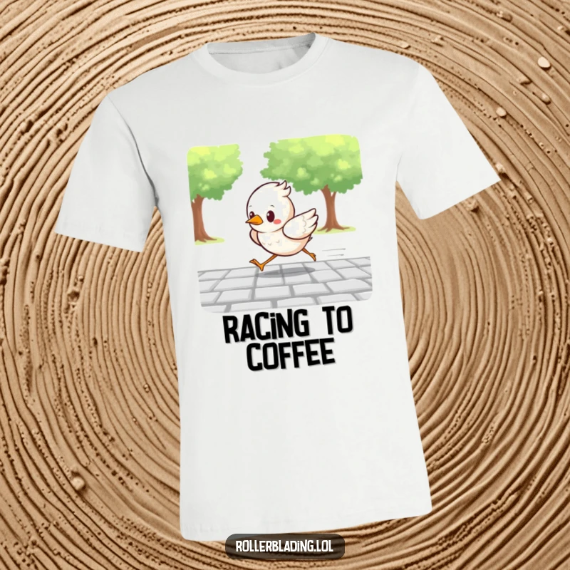 Funny t-shirt featuring a determined bird racing along a paved path with serious intent, embodying speed and a competitive spirit.