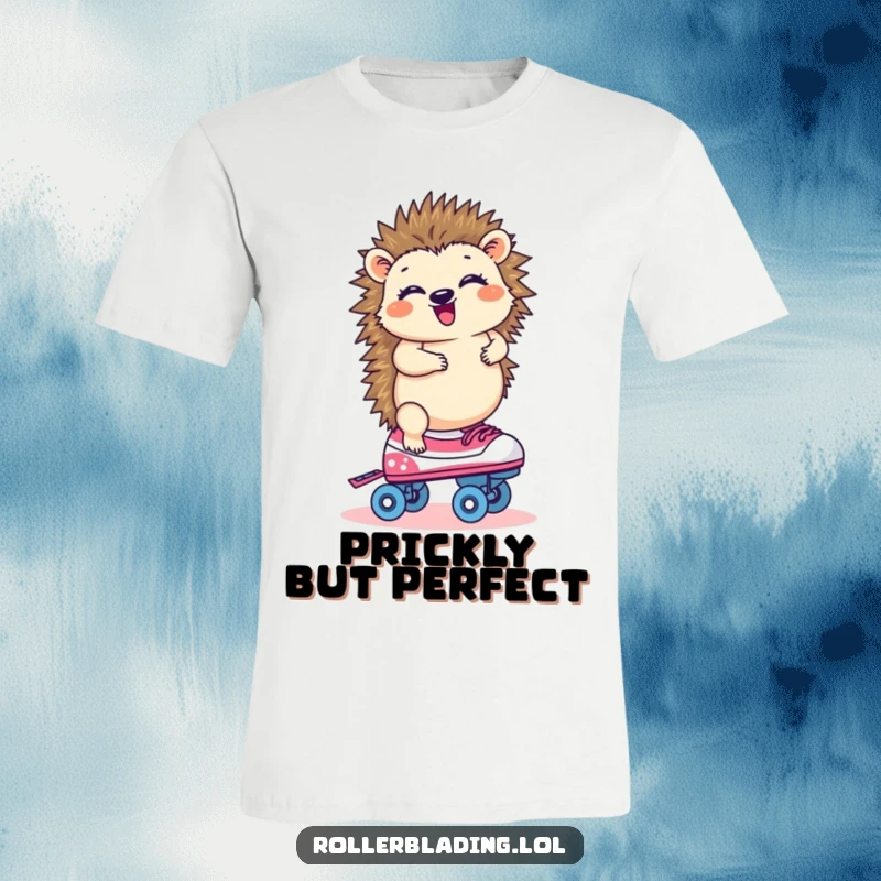 Funny hedgehog giggling, balancing on one roller skate, emphasizing fun and a touch of clumsiness.