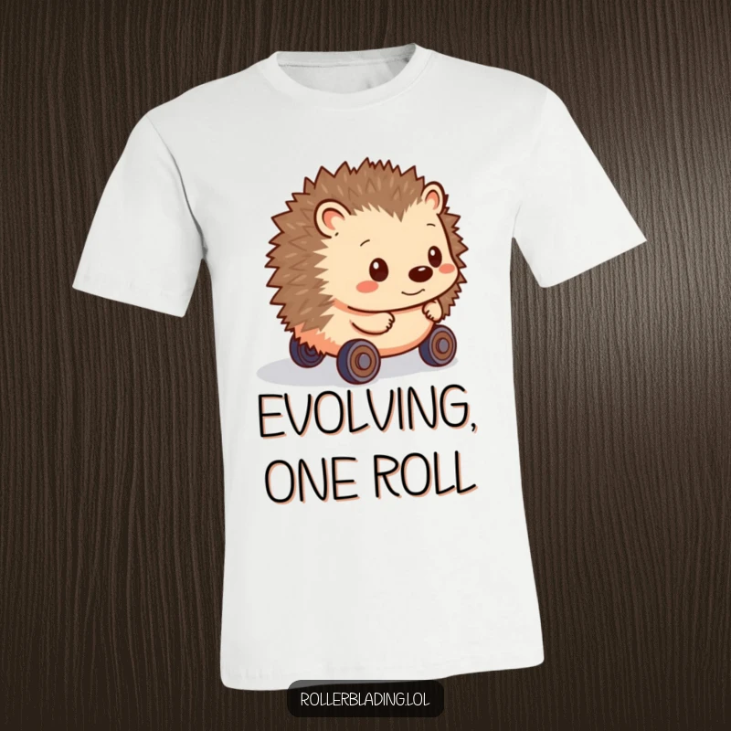 Funny Hedgehog T-Shirt: A shy hedgehog attempts to roll forward on hesitant wheels, exuding adorable caution and gentle humor.