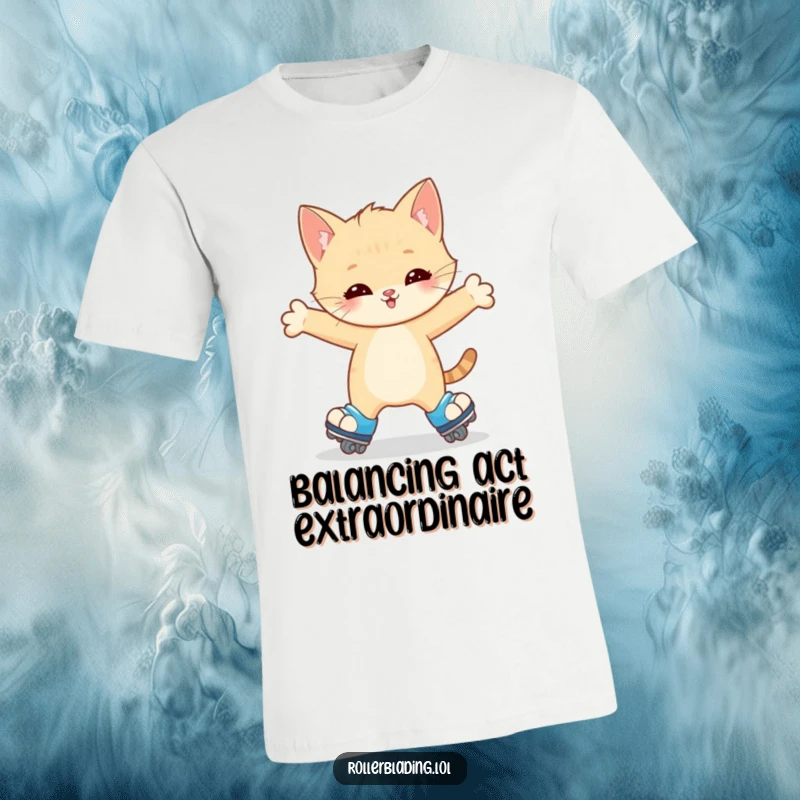 Funny Kitten T-Shirt: A happy kitten wobbles on roller skates, arms outstretched for balance, showcasing endearing clumsiness and humorous charm.