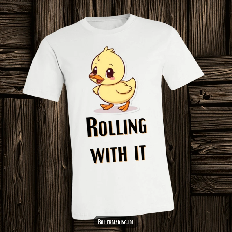 Funny t-shirt graphic of a small duck rolling with intense determination and a cute, focused expression.