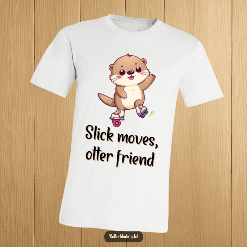 Funny t-shirt with a happy, fluffy otter executing a cool trick maneuver on roller blades with style.
