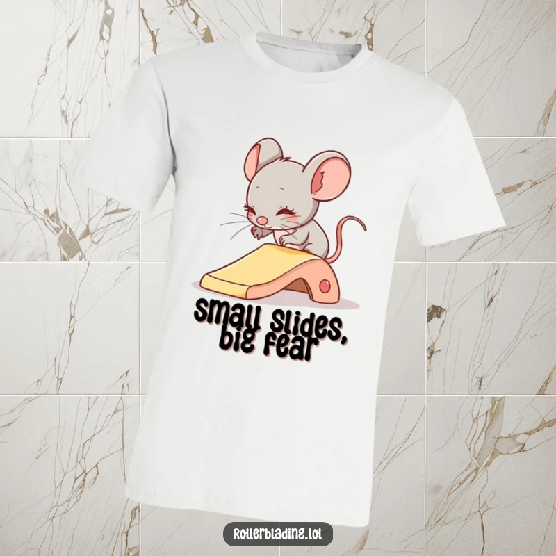 Funny t-shirt with a shy mouse comically attempting a gentle slide, capturing a moment of hesitant bravery.
