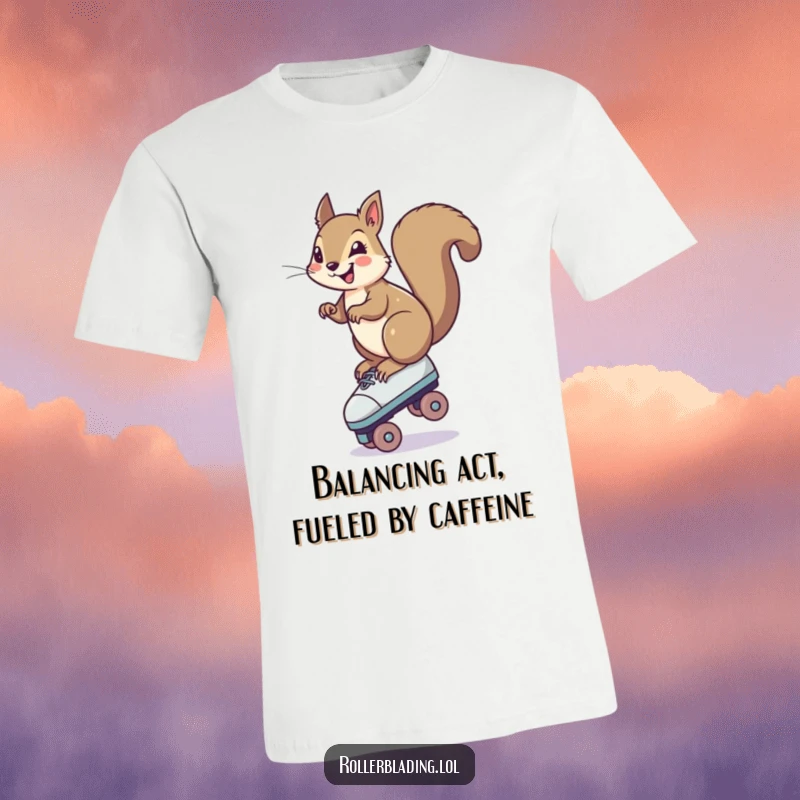 Funny Squirrel T-Shirt: A smiling squirrel in a precarious, funny balancing act on a single roller skate, perfect for humorous apparel.