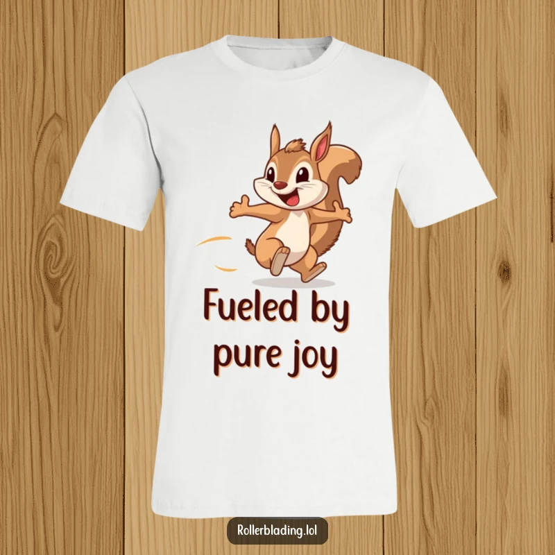 Funny t-shirt with a squirrel speeding along, arms pumping with a huge grin, radiating hilarious energy.
