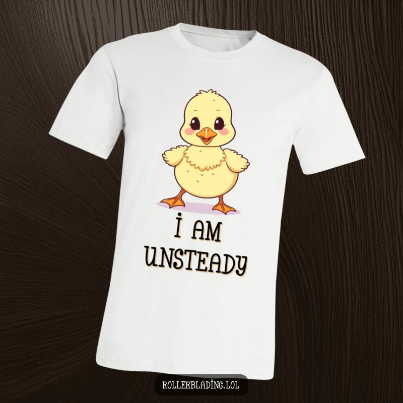 Funny t-shirt of a wobbly duckling taking unsteady steps forward, perfect for those who embrace imperfection humorously.