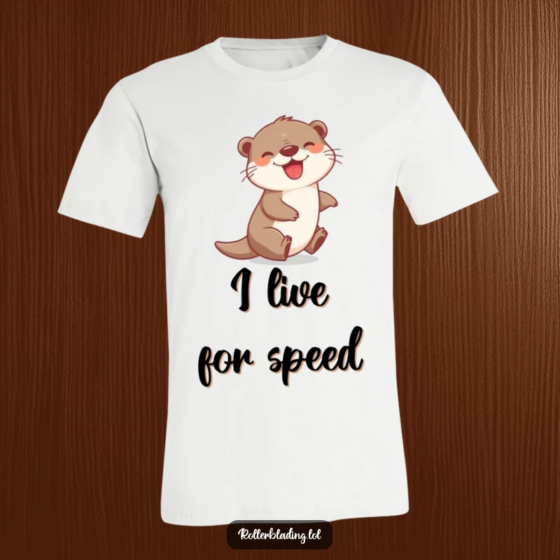 Funny t-shirt featuring a joyful otter zipping around a corner with a wide grin, highlighting its playful nature and infectious happiness.