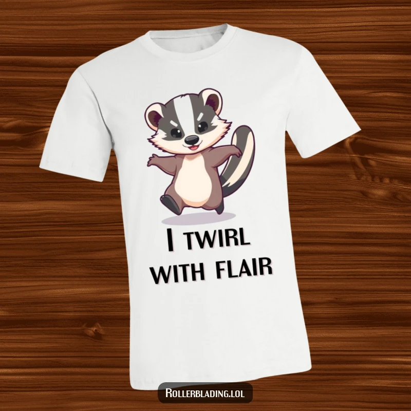 Funny t-shirt showcasing a graceful badger in a speedy spin, embodying playful energy and fluid motion with a humorous and captivating design.