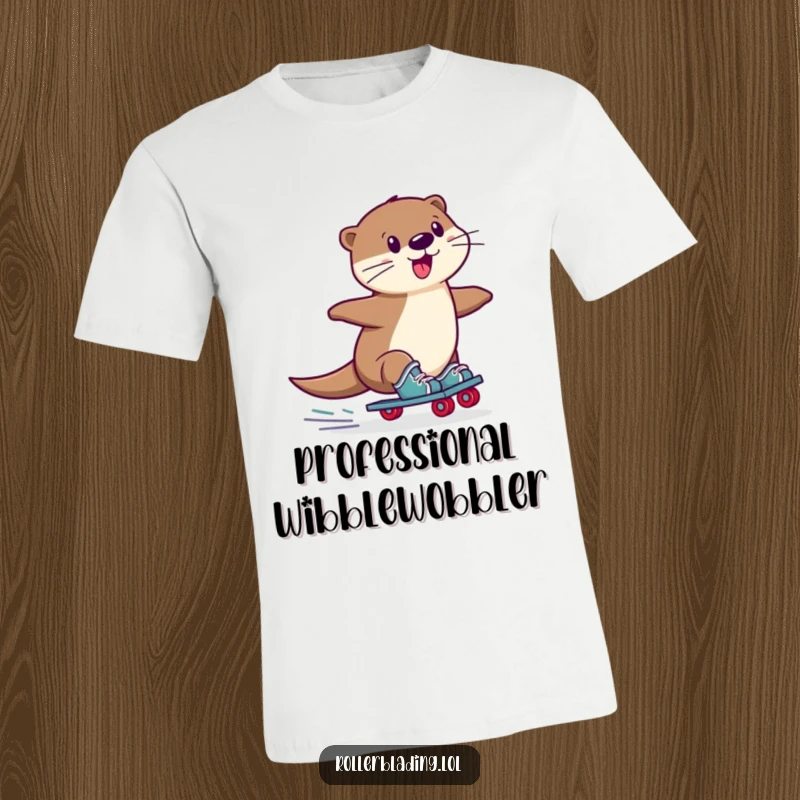 Funny Otter T-Shirt: A playful otter in a funny, wobbly slide on roller skates, perfect for humorous apparel and otter lovers.